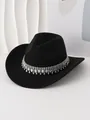 Vista detallada de un sombrero de vaquero de fieltro negro con banda de flecos de cristal - M (56-58cm) / Negro