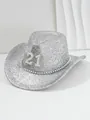 Detailansicht eines silbernen Cowboyhuts mit Perlen-21 und Metallnieten-Verzierung - M (56-58cm) / Silber