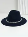 Detail shot of navy blue wool fedora hat with sparkling rhinestone eye patterned band - M (56-58cm) / Navy Blue