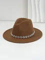 Close-up detail of a brown felt fedora hat with a shimmering bohemian crystal band. - M (56-58cm) / Camel