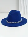 Close-up view of royal blue felt fedora hat with a sparkly eye-shaped rhinestone band. - M (56-58cm) / Sapphire Blue