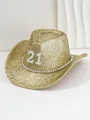 Vista dettagliata del cappello da cowboy glitterato oro con numero 21 in perle - M(56-58cm) / Oro chiaro