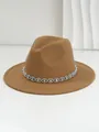 Detailed view of camel wool fedora hat featuring bohemian rhinestone eye band - M (56-58cm) / Khaki