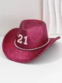 Nahaufnahme eines pinkfarbenen Glitzer-Cowboyhuts mit Perlen-Nummer 21 und Nieten - M (56-58cm) / Fuchsia