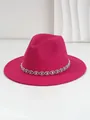 Close-up of a magenta felt fedora hat with a bohemian eye-shaped rhinestone decorative band - M (56-58cm) / Rose Red