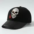 Detailed view of black baseball cap with skull and rose embroidery and glitter brim - M (56-58cm) / Skull with Roses