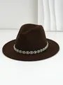 Detailed view of bohemian style rhinestone band decoration on brown wool fedora hat - M (56-58cm) / Dark Coffee
