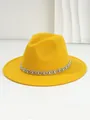 Close-up detail of a bright yellow fedora hat featuring a bohemian jeweled band - M (56-58cm) / Yellow