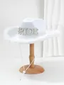 Cappello da cowboy bianco da sposa con scritte in perle e strass e bordo in piume - M(56-58cm) / Pearl BRIDE Decoration