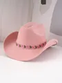 Detailansicht eines rosa Filz-Cowboyhuts mit elegantem besticktem Rosen-Netzband - M (56-58cm) / Korallenrosa