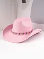 Nahaufnahme eines rosafarbenen Filz-Cowboyhuts mit einem bestickten Rosen-Netzband-Detail - M (56-58cm) / Hellrosa