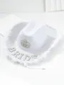 Dettaglio cappello da cowboy bianco sposa con scritta BRIDE in perle e piume soffici - M(56-58cm) / Corona BRIDE