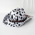 Unisex black and white cow print cowboy hat featuring a bull head ornament and band - M (56-58cm) / Silver Cow Head Strap Style
