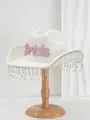 Detail of white wool hat with pink pearl Bride patch and sparkling rhinestone fringe - Pink Artificial Pearl Bride Tassel