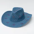 Cappello da cowboy Y2K blu denim decorato con strass completi e stelle rosse - Stile Stella / Blu navy