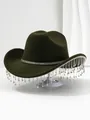 Close-up detail of silver rhinestone fringe and tassels on a dark olive green luxury cowboy hat - M (56-58cm) / Army Green