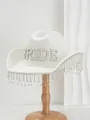 Close-up detail of white wool cowboy hat with pearl BRIDE lettering and rhinestone fringe. - Artificial Pearl BRIDE Tassel