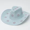 Cappello da cowboy Y2K in pelle scamosciata azzurra con stelle di strass rossi. - Stile Stella / Celeste