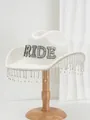 Detailed view of white bride cowboy hat featuring rhinestone letters and tassel fringe - Black Border Color Rhinestone BRIDE Tassel / White