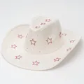 Elegante cappello da cowboy in pelle scamosciata crema con stelle di strass rossi Y2K - Stile Stella / Beige
