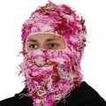 Distressed pink and white fuzzy knitted balaclava ski mask for outdoor winter warmth - M (56-58cm) / Pink Camo