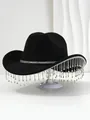 Black luxury cowboy hat with silver rhinestone band and sparkling long tassel fringe - M (56-58cm) / Black