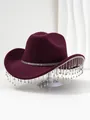 Elegant wine red felt cowboy hat featuring sparkling rhinestone fringe and trim - M (56-58cm) / Burgundy
