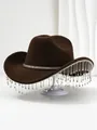 Luxury brown cowboy hat with sparkling rhinestone fringe and tassels for parties. - M (56-58cm) / Dark Coffee
