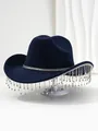Luxury navy blue felt hat for ladies with sparkling rhinestone tassels for parties. - M (56-58cm) / Navy Blue
