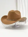 Luxury camel felt cowboy hat with sparkling rhinestone fringe and tassel trim detail - M (56-58cm) / Khaki