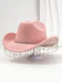 Pink cowgirl hat with luxury rhinestone tassels and crystal band for party music festival. - M (56-58cm) / Coral Pink