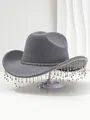 Luxury grey felt cowboy hat decorated with sparkling rhinestone band and fringe tassels - M (56-58cm) / Gray