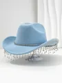 Luxurious light blue cowboy hat for women featuring elegant rhinestone fringe tassels - M (56-58cm) / Sky Blue