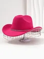 Luxurious hot pink cowboy hat featuring sparkling rhinestone trim and dangling fringe - M (56-58cm) / Rose Red