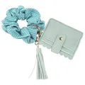 Mint green PU leather card holder keychain with checkered scrunchie and tassel charm - Mint Green