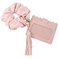 Pink PU leather card holder keychain with scrunchie and tassel for ID cards - Pink