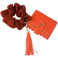 Bright orange PU leather card holder keychain with red plaid scrunchie and tassel - Red