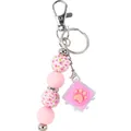 Pink silicone beaded keychain with cherry blossom pattern and cute cat paw toy charm - Pink