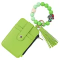 Green pebbled leather card holder wallet with beaded wristlet keychain and tassel - Green