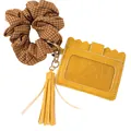 Yellow PU leather ID card holder keychain with brown plaid scrunchie and long tassel - Yellow
