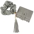 Grey PU leather card holder keychain set with tassel and green checkered scrunchie - Gray