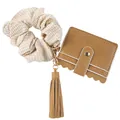 Tan PU leather card holder keychain set with beige checkered scrunchie and matching leather tassel - Coffee