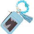Sky blue faux leather card holder wallet with silicone bead bracelet and tassel - Mint Green