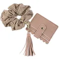 Pink scalloped PU leather card holder keychain with tassel and brown checkered hair scrunchie - Dark Brown