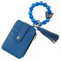 Premium blue leather zipper card holder featuring beaded wristlet and butterfly charm - Blue