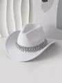 Detalle del flequillo de pedrería de doble fila y colgantes de cristal en sombrero vaquero - M (56-58cm) / Blanco