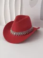 Sombrero vaquero de fieltro rojo con pedrería brillante y cadena de borlas con cristal - M (56-58cm) / Rojo