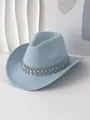 Detalle de sombrero vaquero de fieltro azul con cadena de borlas de cristal y diamantes - M (56-58cm) / Azul cielo