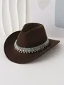 Primer plano de sombrero de vaquero de fieltro marrón con cadena de borlas de cristal - M (56-58cm) / Café Oscuro