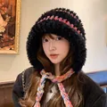 Black plush ear-protection hat with colorful braided ties for stylish winter warmth - One Size / Black